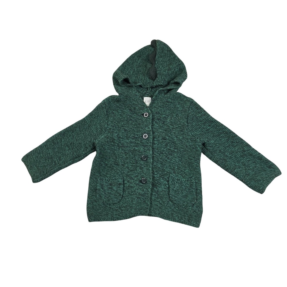 Baby Gap Dinosaur Hooded Cardigan Green Marled Knit Sweater 18-24M Preppy Cozy